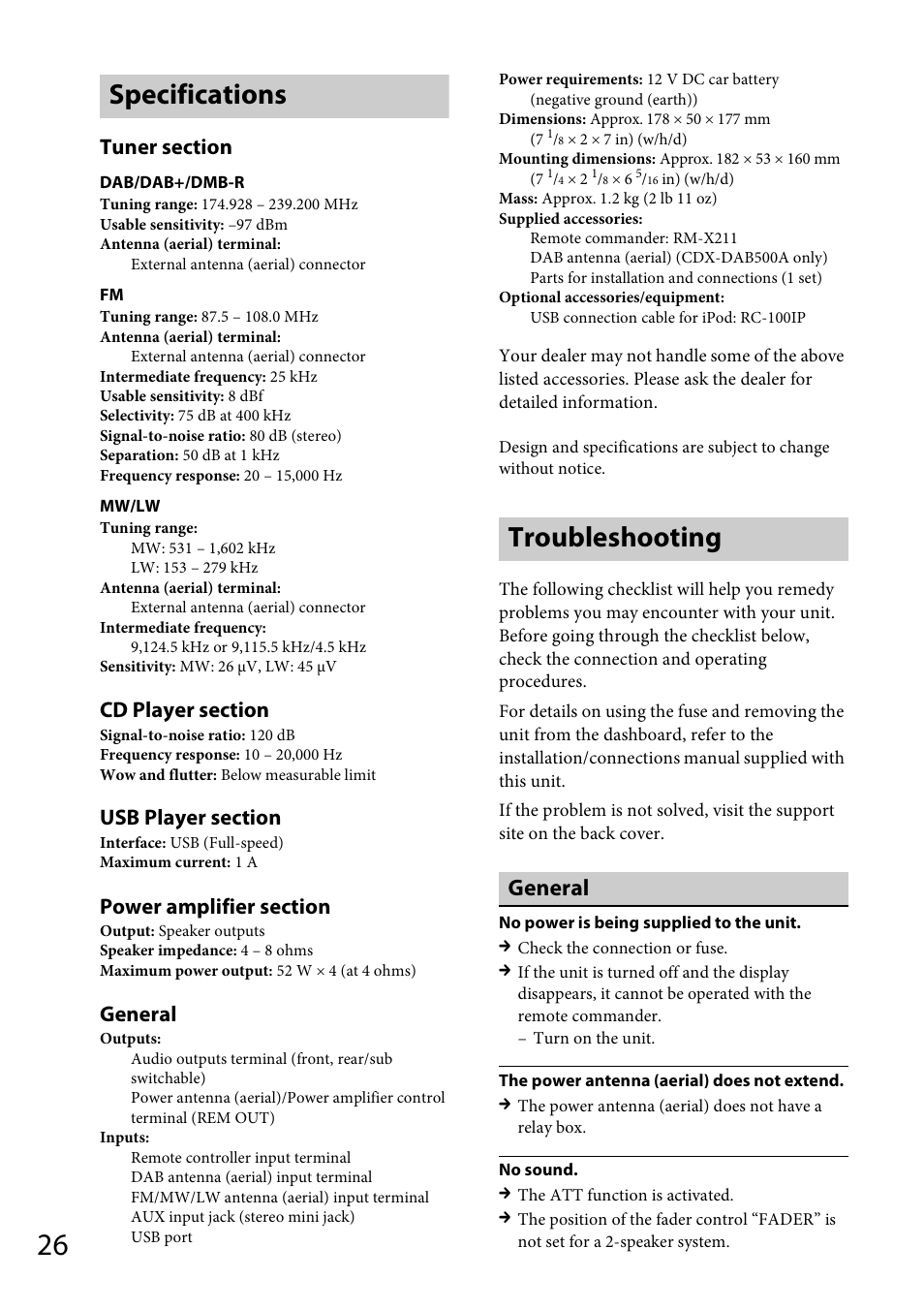 Specifications, Troubleshooting, Specifications troubleshooting | General | Sony CDX-DAB500U User Manual | Page 26 / 168
