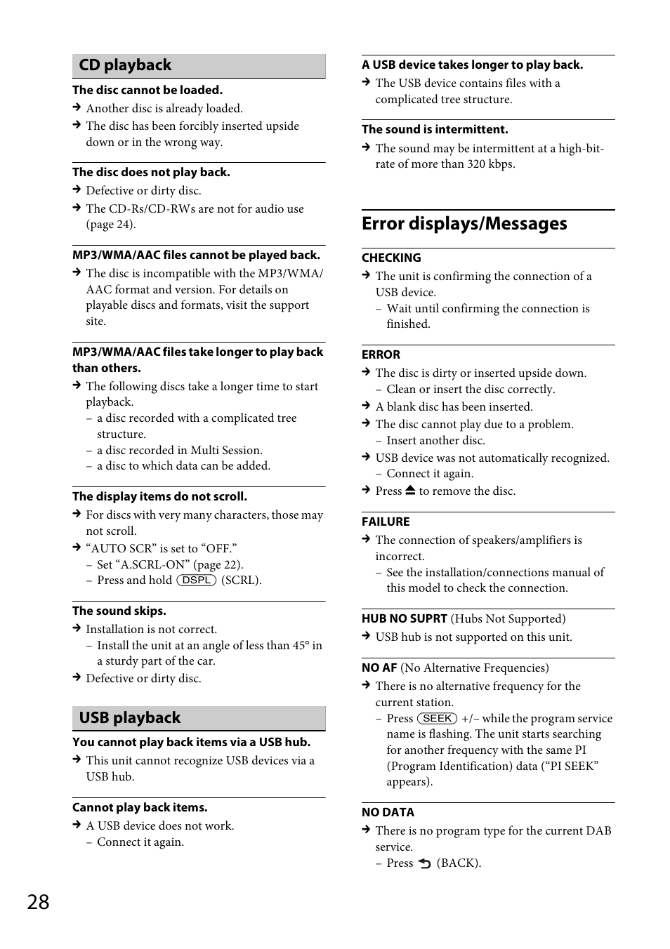 Error displays/messages, Cd playback, Usb playback | Sony CDX-DAB500U User Manual | Page 28 / 168