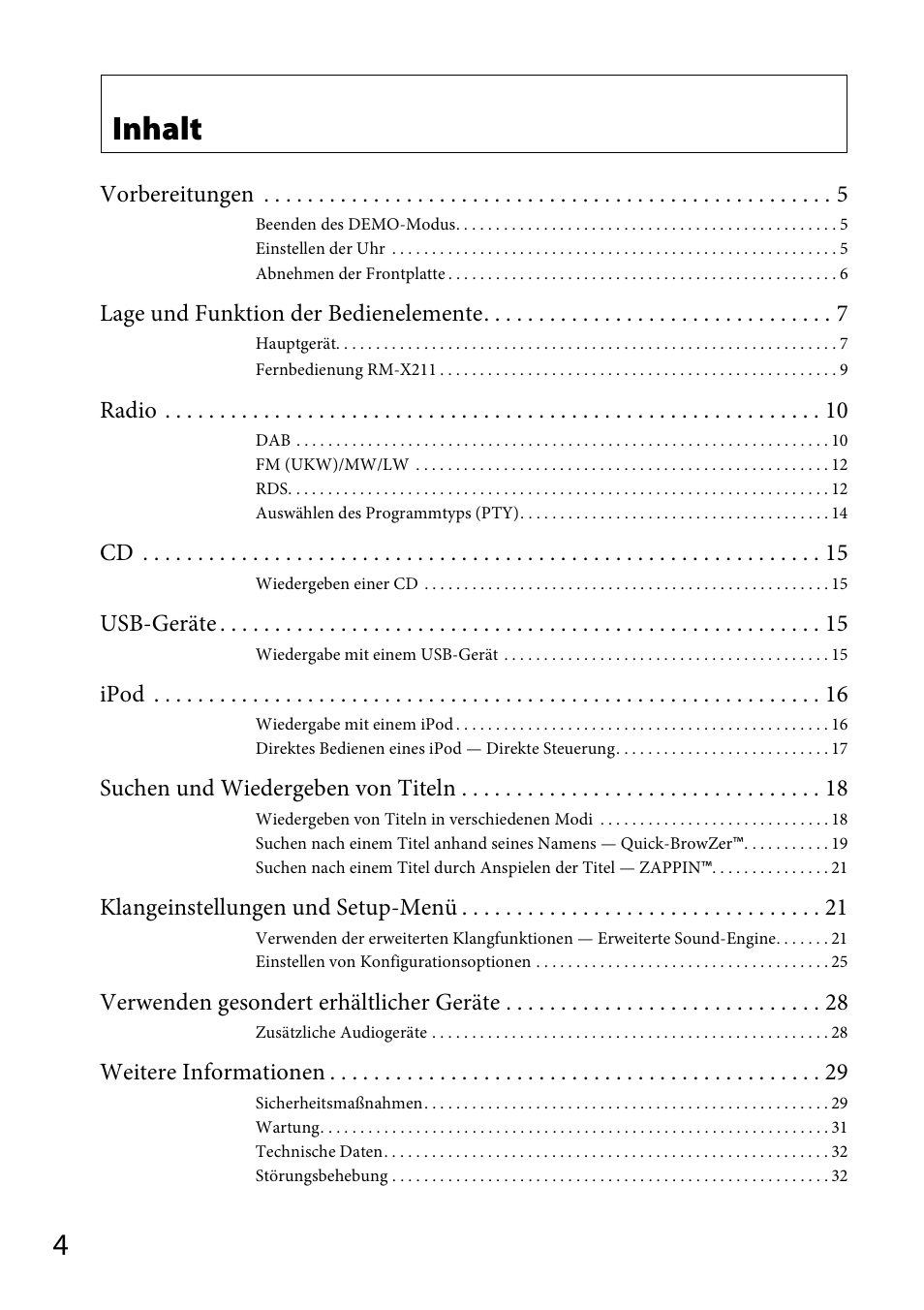 Inhalt | Sony CDX-DAB500U User Manual | Page 32 / 168