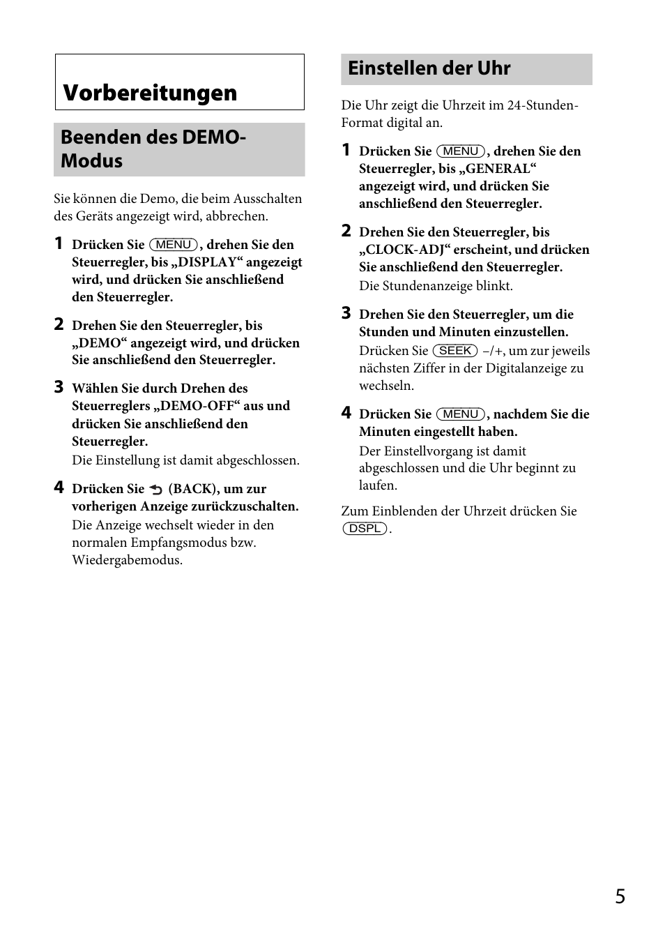 Vorbereitungen, Beenden des demo-modus, Einstellen der uhr | Seite 5 na, Beenden des demo-modus einstellen der uhr, Beenden des demo- modus | Sony CDX-DAB500U User Manual | Page 33 / 168