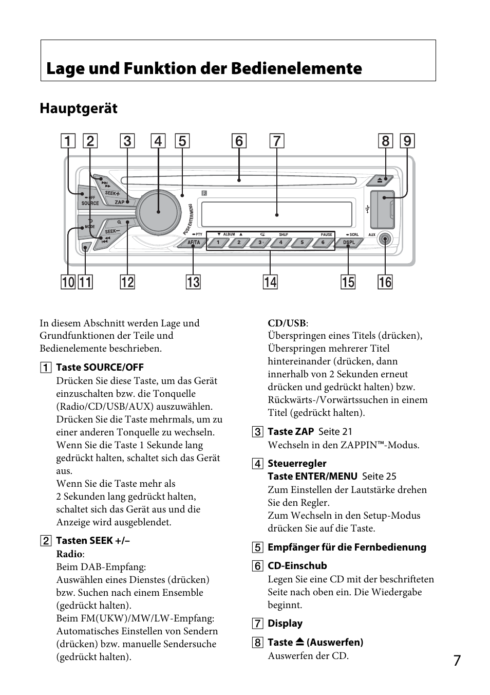 Lage und funktion der bedienelemente, Hauptgerät | Sony CDX-DAB500U User Manual | Page 35 / 168