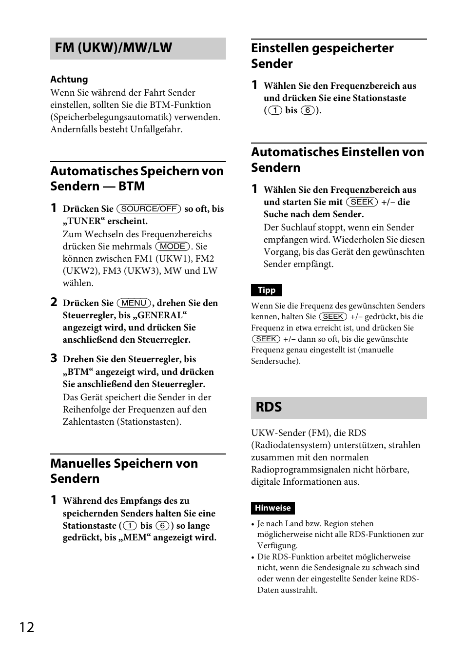 Fm (ukw)/mw/lw, Fm (ukw)/mw/lw rds, Automatisches speichern von sendern — btm 1 | Manuelles speichern von sendern 1, Einstellen gespeicherter sender 1, Automatisches einstellen von sendern 1 | Sony CDX-DAB500U User Manual | Page 40 / 168