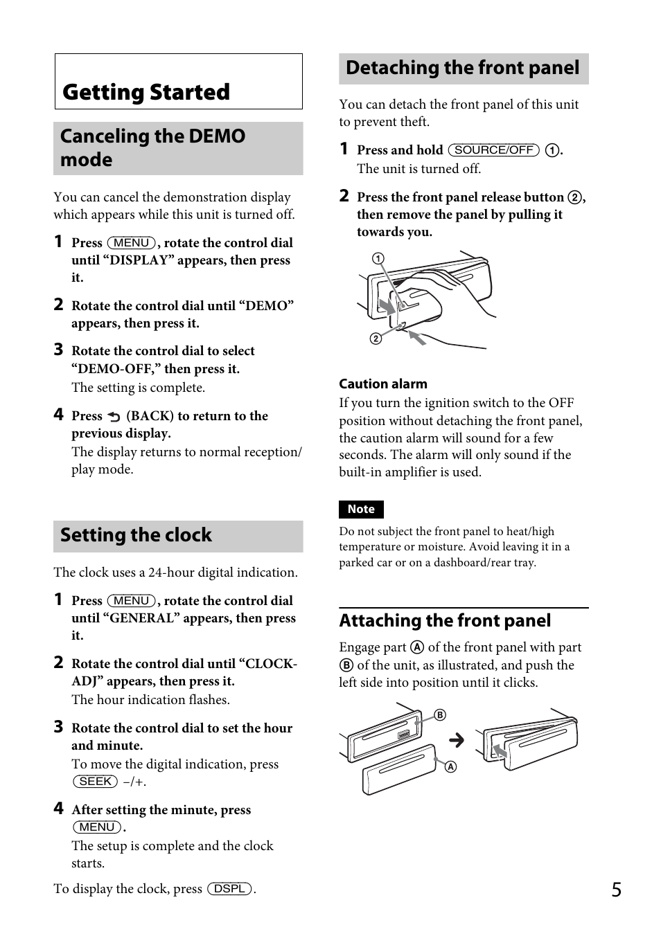 Getting started, Canceling the demo mode, Setting the clock | Detaching the front panel, Attaching the front panel | Sony CDX-DAB500U User Manual | Page 5 / 168