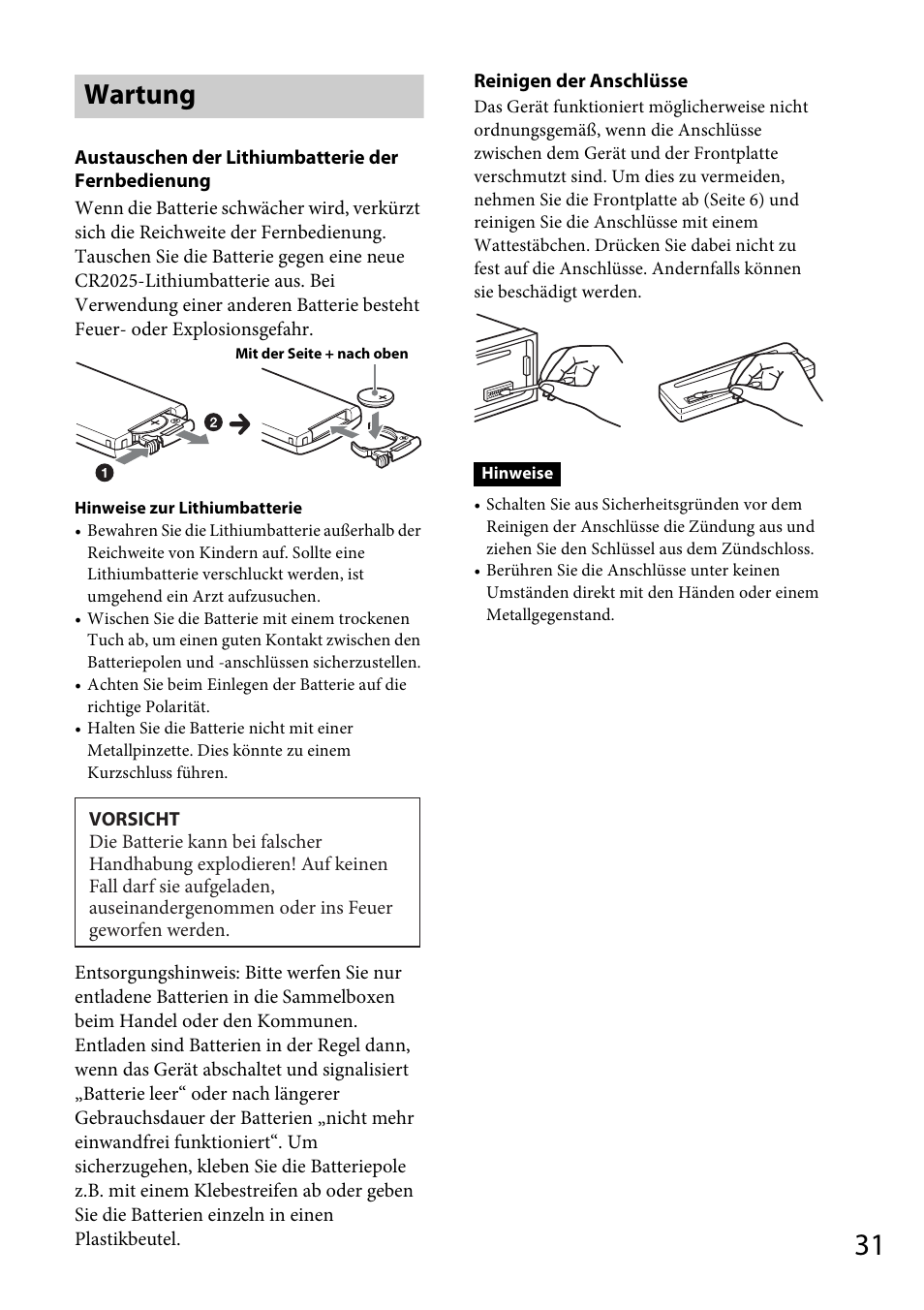 Wartung | Sony CDX-DAB500U User Manual | Page 59 / 168