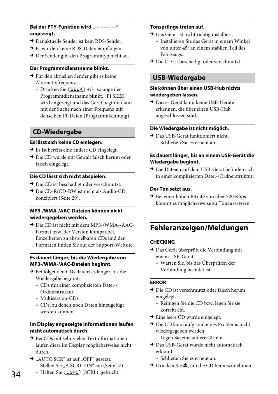 Fehleranzeigen/meldungen, Cd-wiedergabe, Usb-wiedergabe | Sony CDX-DAB500U User Manual | Page 62 / 168