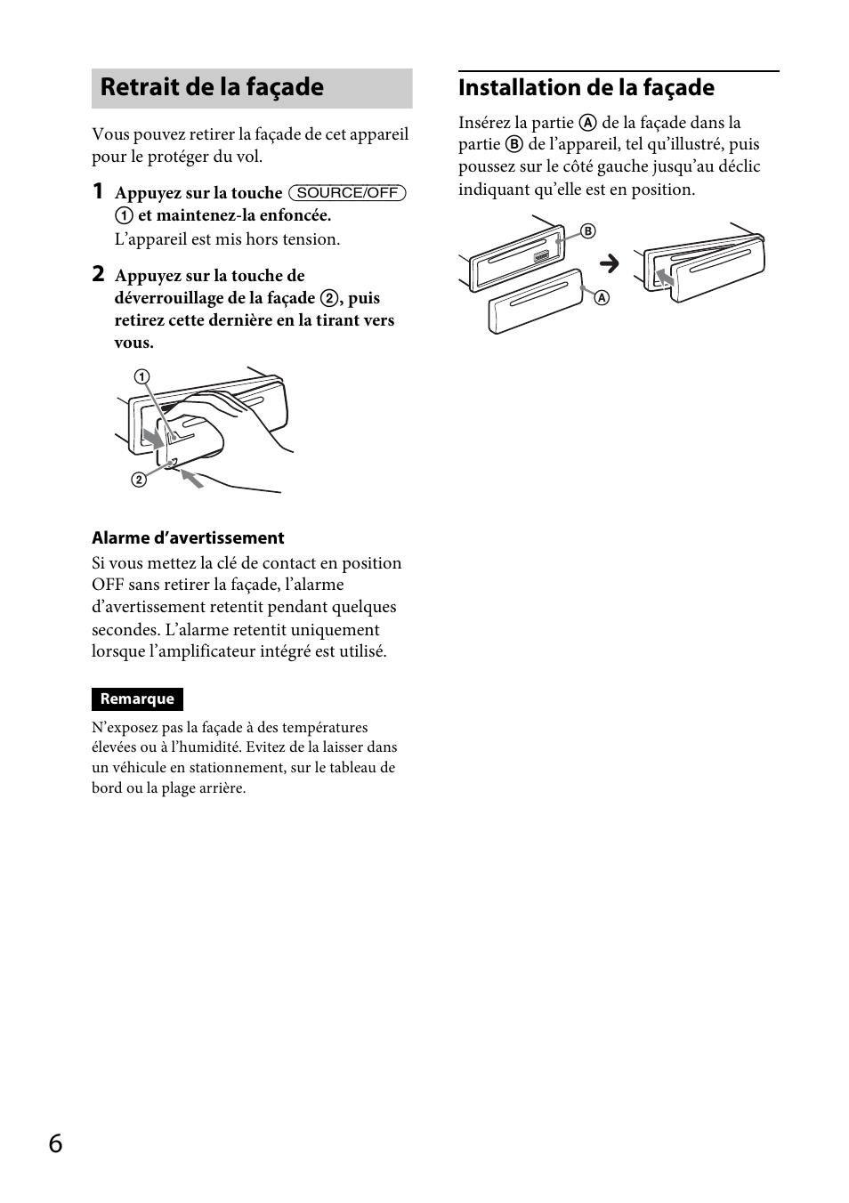 Retrait de la façade, Installation de la façade | Sony CDX-DAB500U User Manual | Page 70 / 168