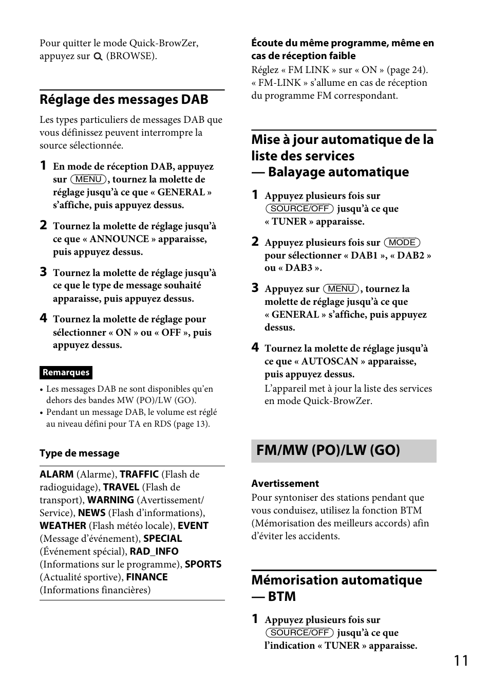 Fm/mw (po)/lw (go), Réglage des messages dab, Mémorisation automatique — btm 1 | Sony CDX-DAB500U User Manual | Page 75 / 168