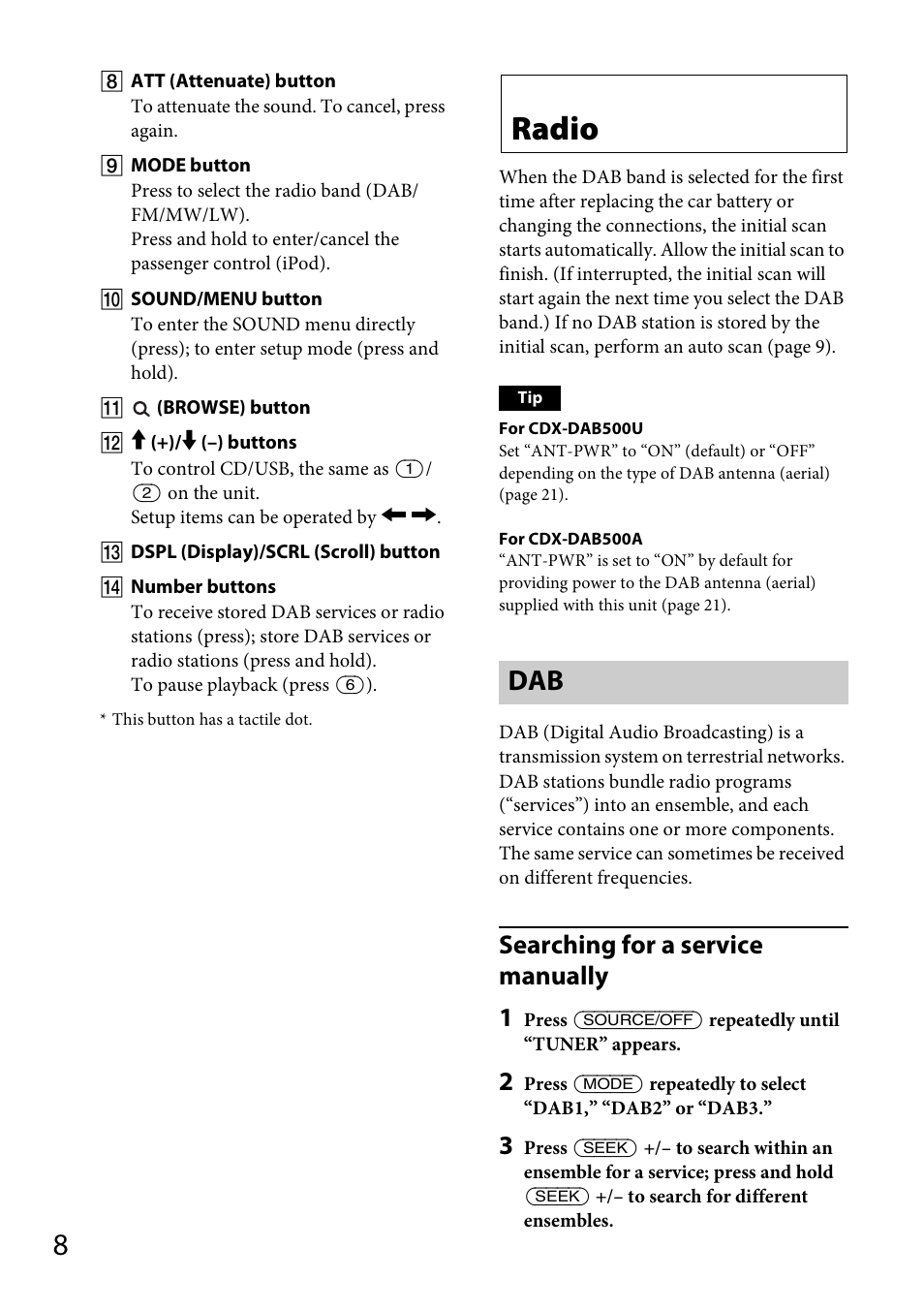 Radio, Searching for a service manually 1 | Sony CDX-DAB500U User Manual | Page 8 / 168