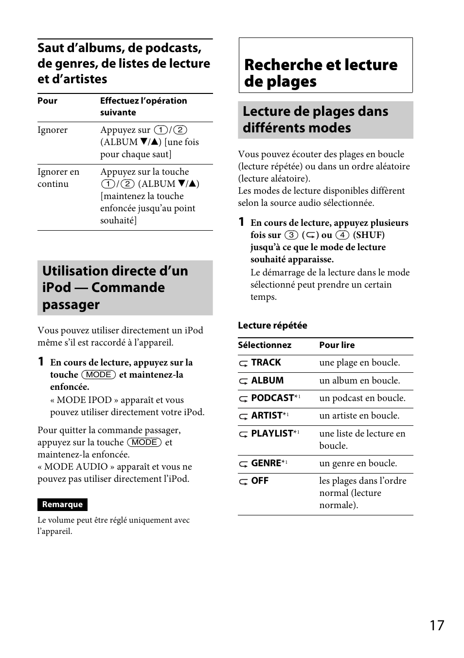 Utilisation directe d’un ipod — commande passager, Recherche et lecture de plages, Lecture de plages dans différents modes | Sony CDX-DAB500U User Manual | Page 81 / 168