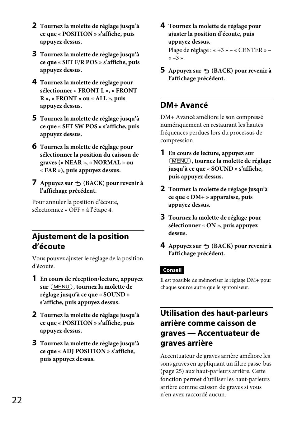 Ajustement de la position d’écoute, Dm+ avancé | Sony CDX-DAB500U User Manual | Page 86 / 168