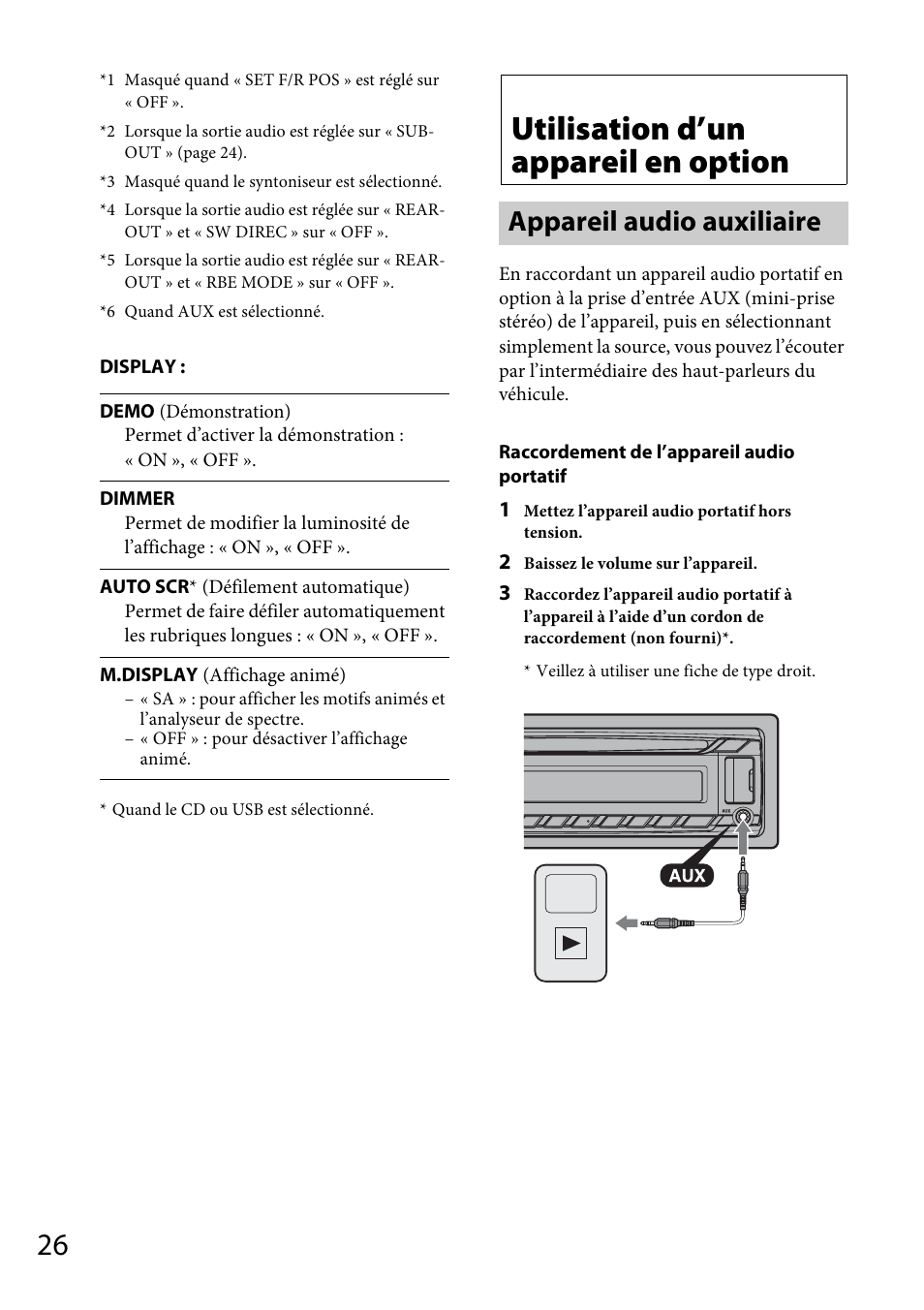 Utilisation d’un appareil en option, Appareil audio auxiliaire | Sony CDX-DAB500U User Manual | Page 90 / 168