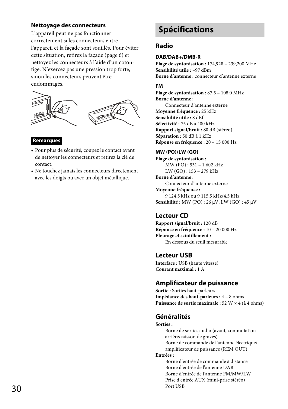 Spécifications, Radio, Lecteur cd | Lecteur usb, Amplificateur de puissance, Généralités | Sony CDX-DAB500U User Manual | Page 94 / 168