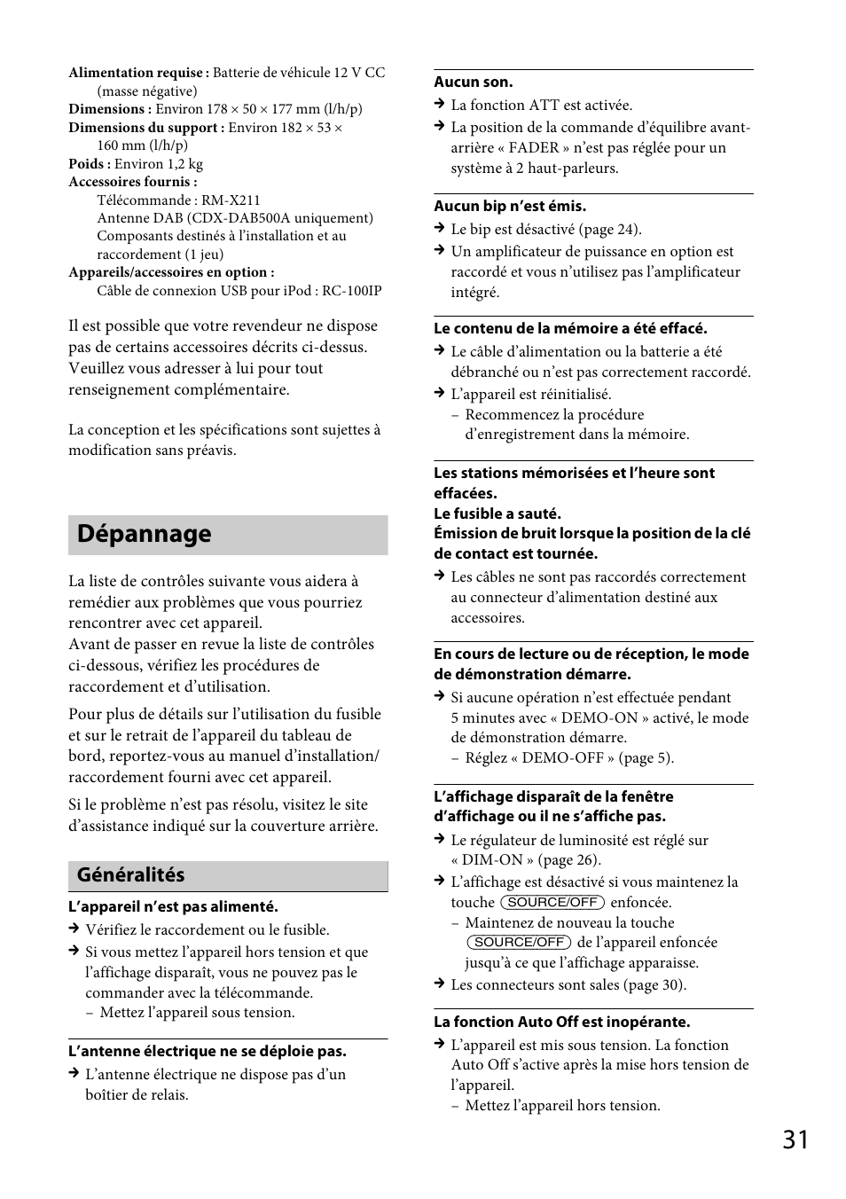 Dépannage, Généralités | Sony CDX-DAB500U User Manual | Page 95 / 168