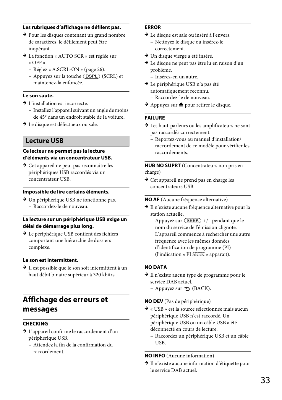 Affichage des erreurs et messages, Lecture usb | Sony CDX-DAB500U User Manual | Page 97 / 168