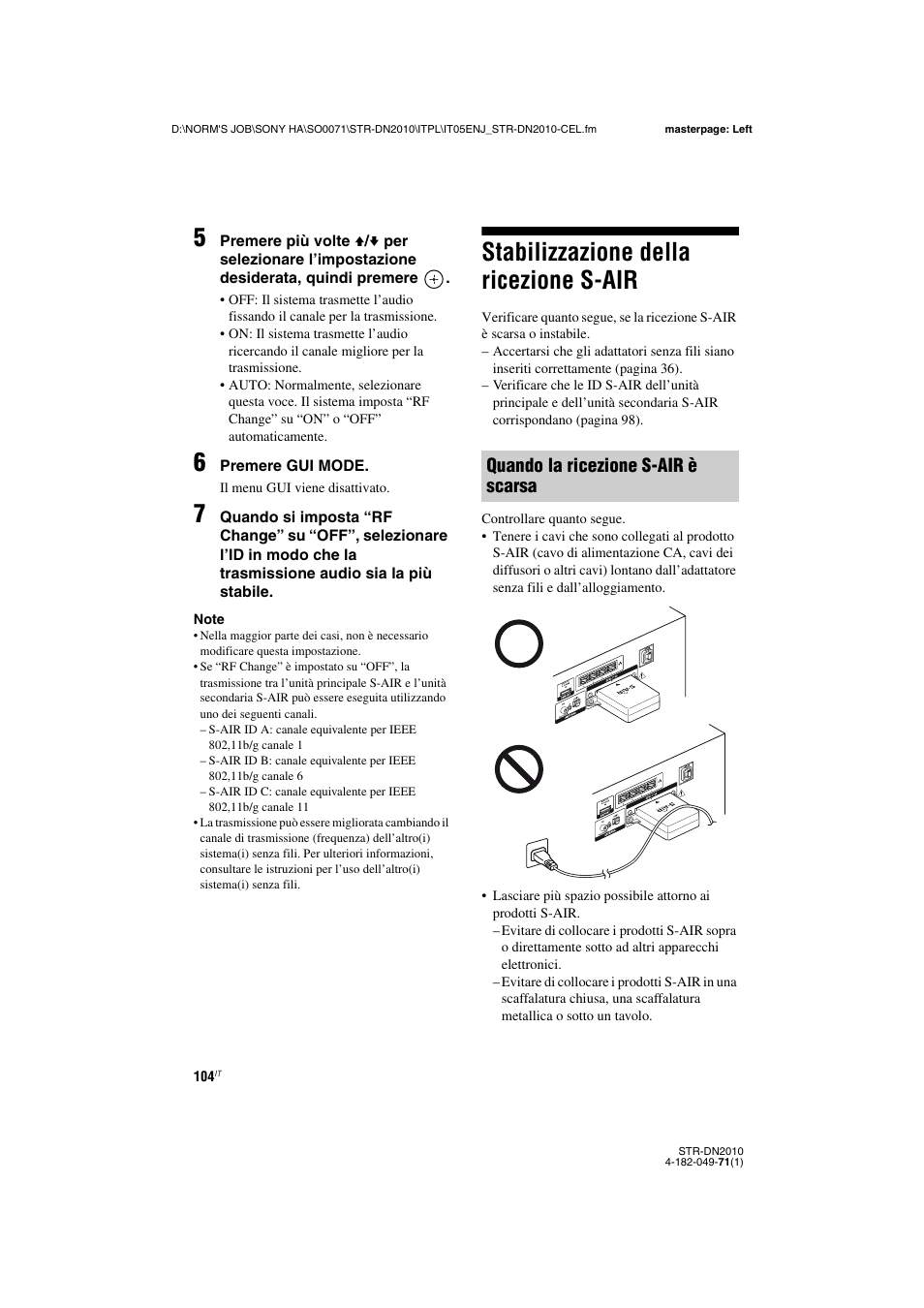 Stabilizzazione della ricezione s-air, Quando la ricezione s-air è scarsa | Sony STR-DN2010 User Manual | Page 104 / 328