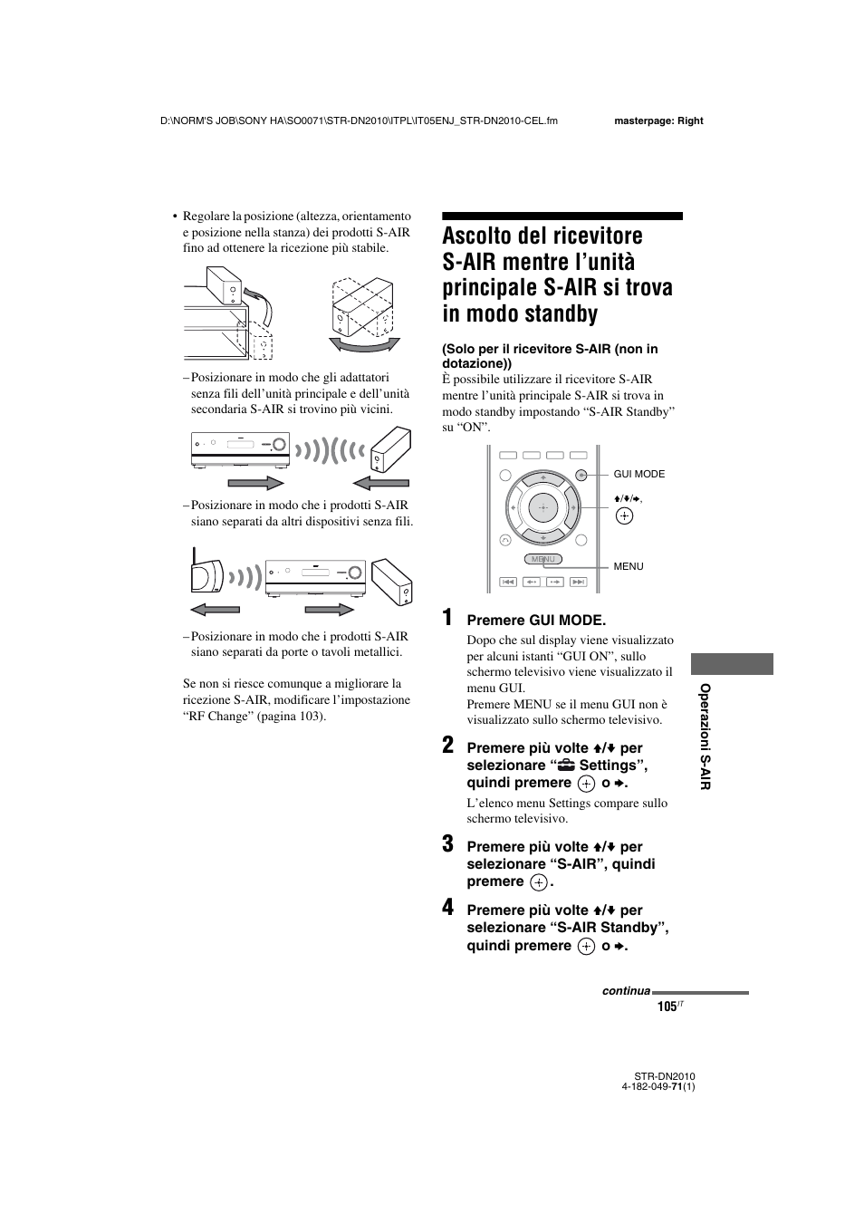 Ascolto del ricevitore s-air mentre l’unità, Principale s-air si trova in modo, Standby | Sony STR-DN2010 User Manual | Page 105 / 328