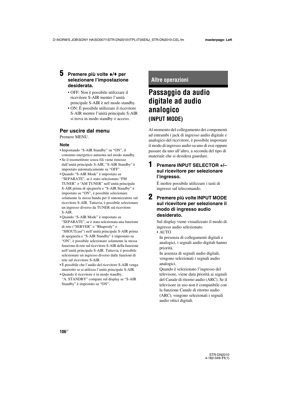 Altre operazioni, Passaggio da audio digitale ad audio analogico, Input mode) | Sony STR-DN2010 User Manual | Page 106 / 328