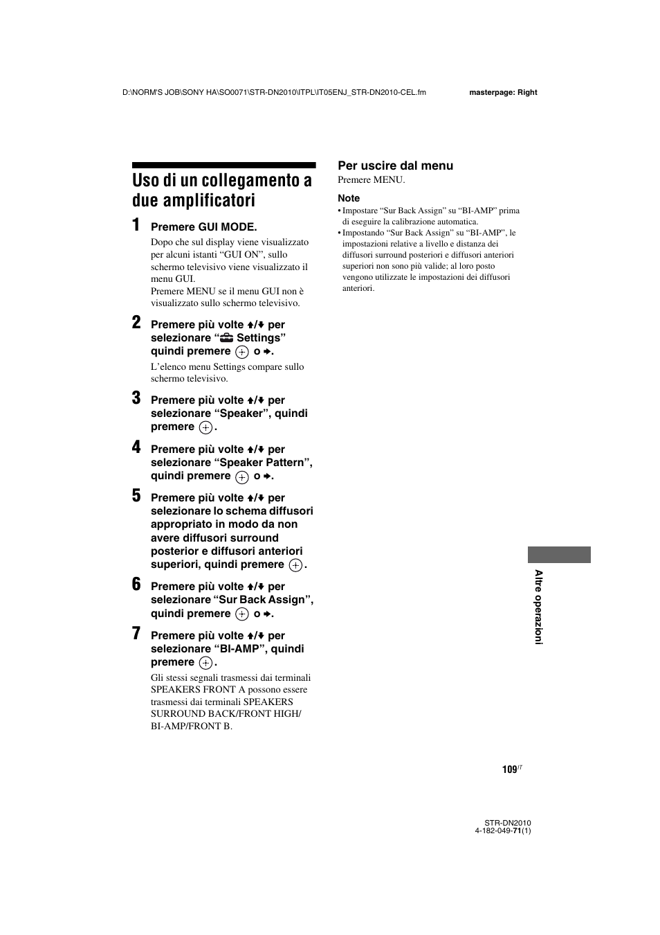 Uso di un collegamento a due amplificatori, Uso di un collegamento a due, Amplificatori | Uso di un collegamento a due amplificatori 1 | Sony STR-DN2010 User Manual | Page 109 / 328