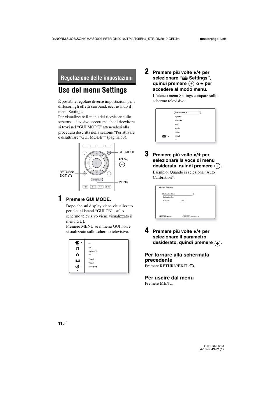 Regolazione delle impostazioni, Uso del menu settings | Sony STR-DN2010 User Manual | Page 110 / 328