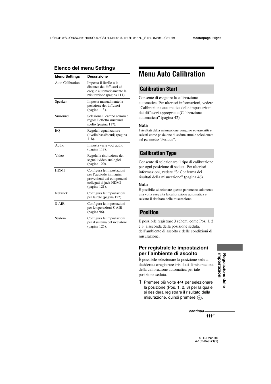 Menu auto calibration, Calibration start calibration type position | Sony STR-DN2010 User Manual | Page 111 / 328