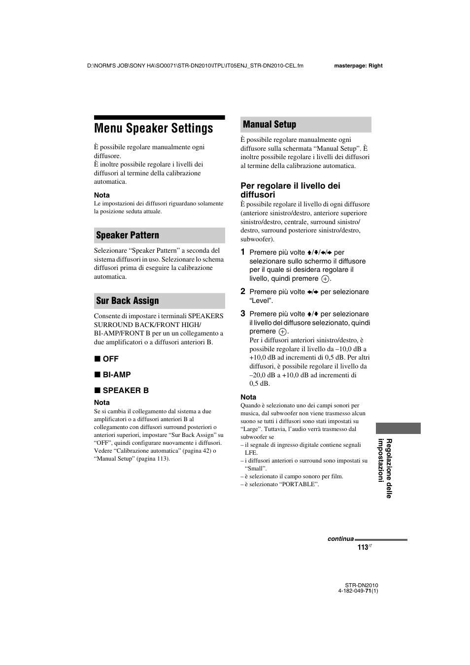 Menu speaker settings, Speaker pattern sur back assign manual setup | Sony STR-DN2010 User Manual | Page 113 / 328