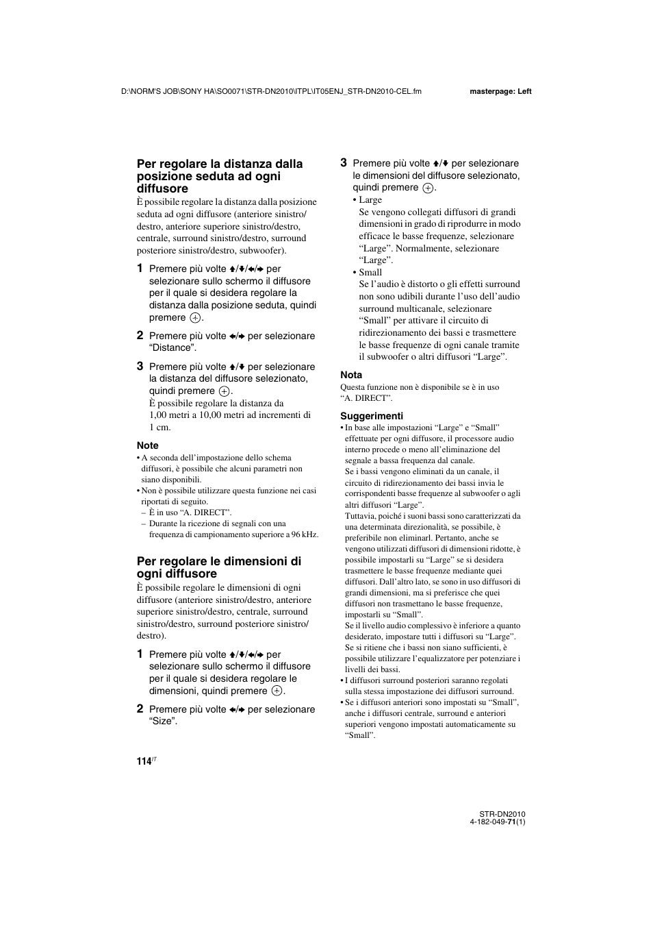 Per regolare le dimensioni di ogni diffusore | Sony STR-DN2010 User Manual | Page 114 / 328