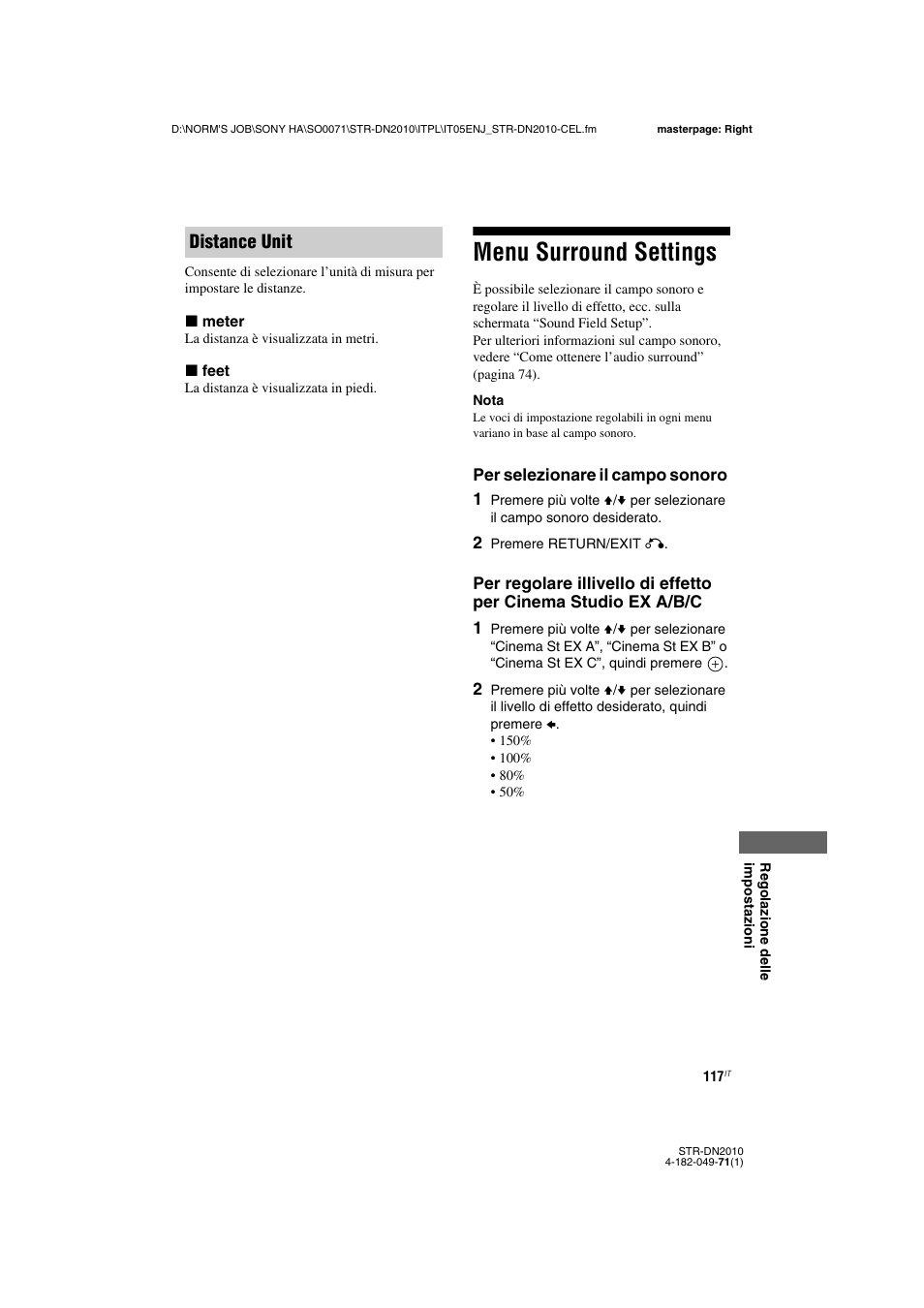 Menu surround settings, Distance unit | Sony STR-DN2010 User Manual | Page 117 / 328