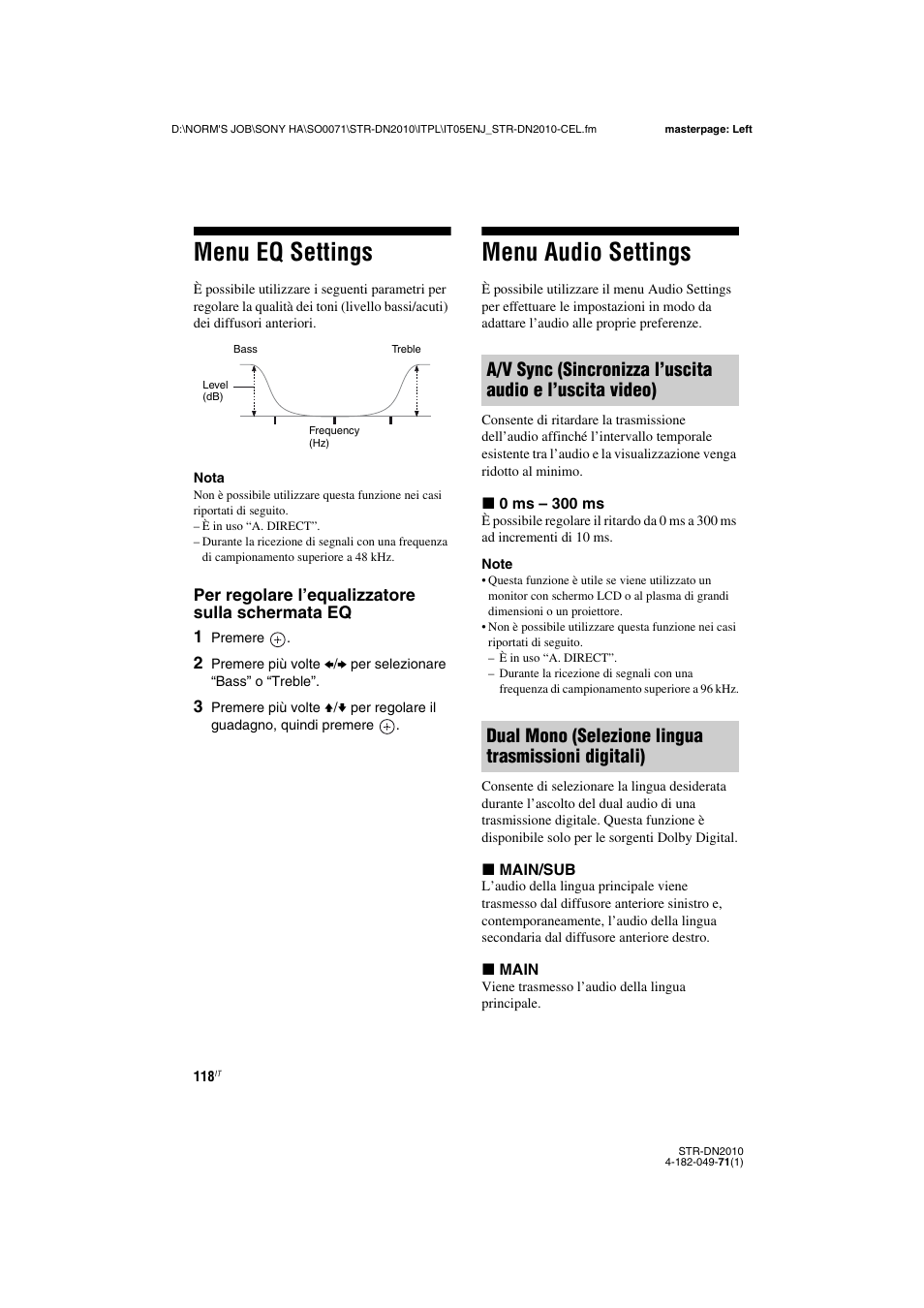 Menu eq settings, Menu audio settings, Menu eq settings menu audio settings | Sony STR-DN2010 User Manual | Page 118 / 328