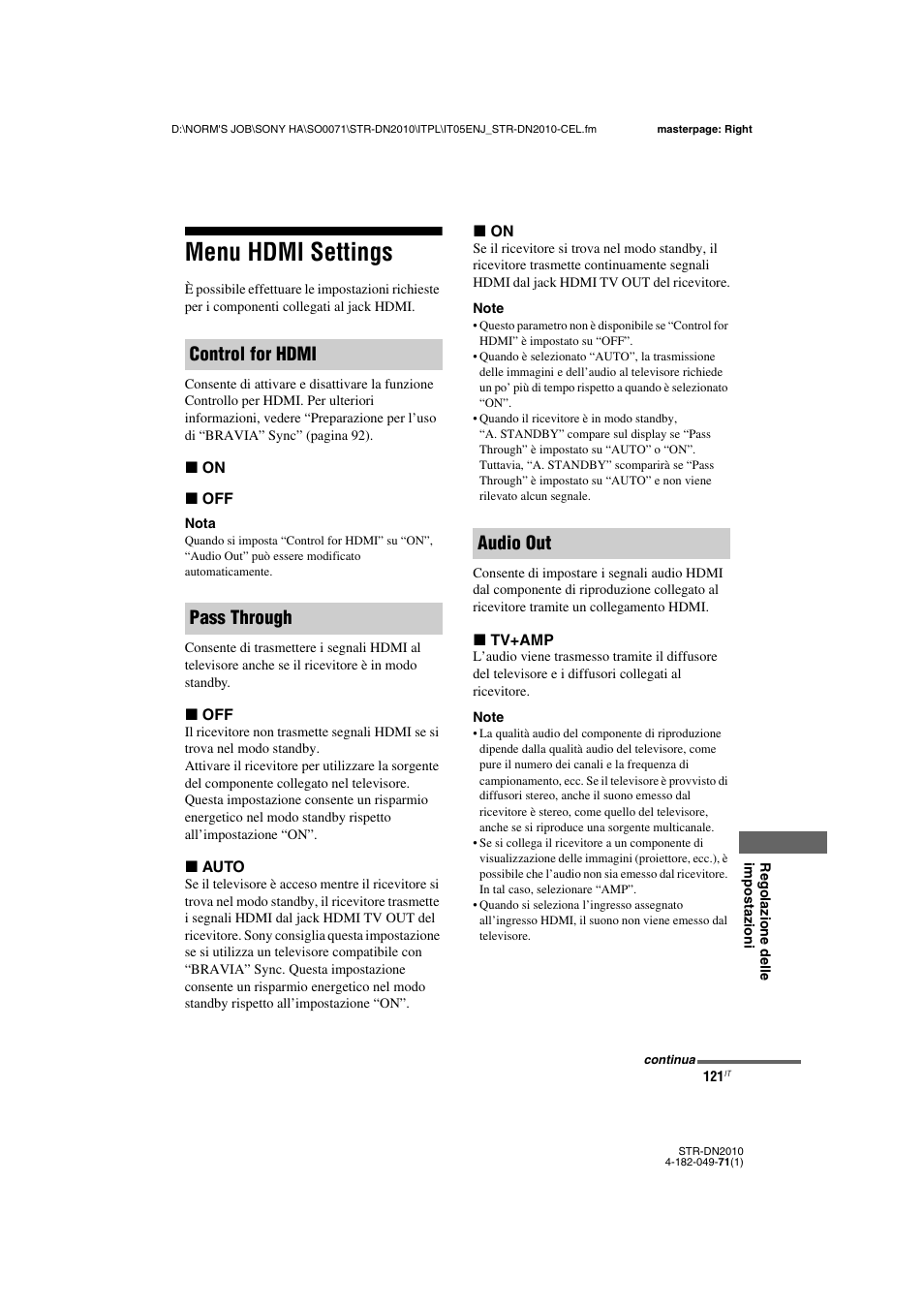 Menu hdmi settings, Control for hdmi pass through audio out | Sony STR-DN2010 User Manual | Page 121 / 328