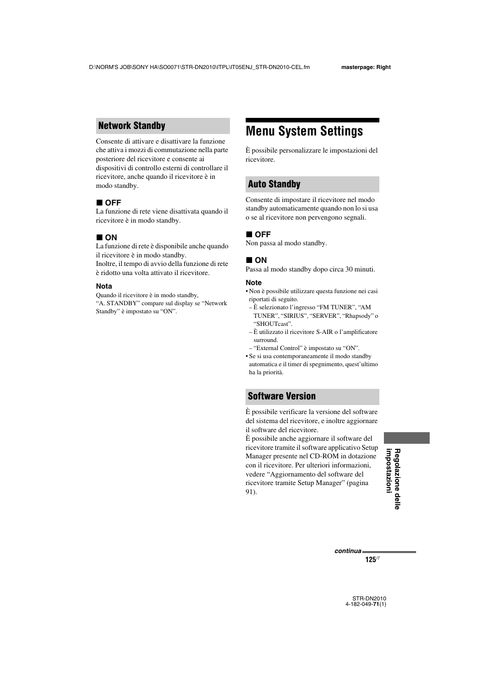 Menu system settings, Network standby auto standby software version | Sony STR-DN2010 User Manual | Page 125 / 328