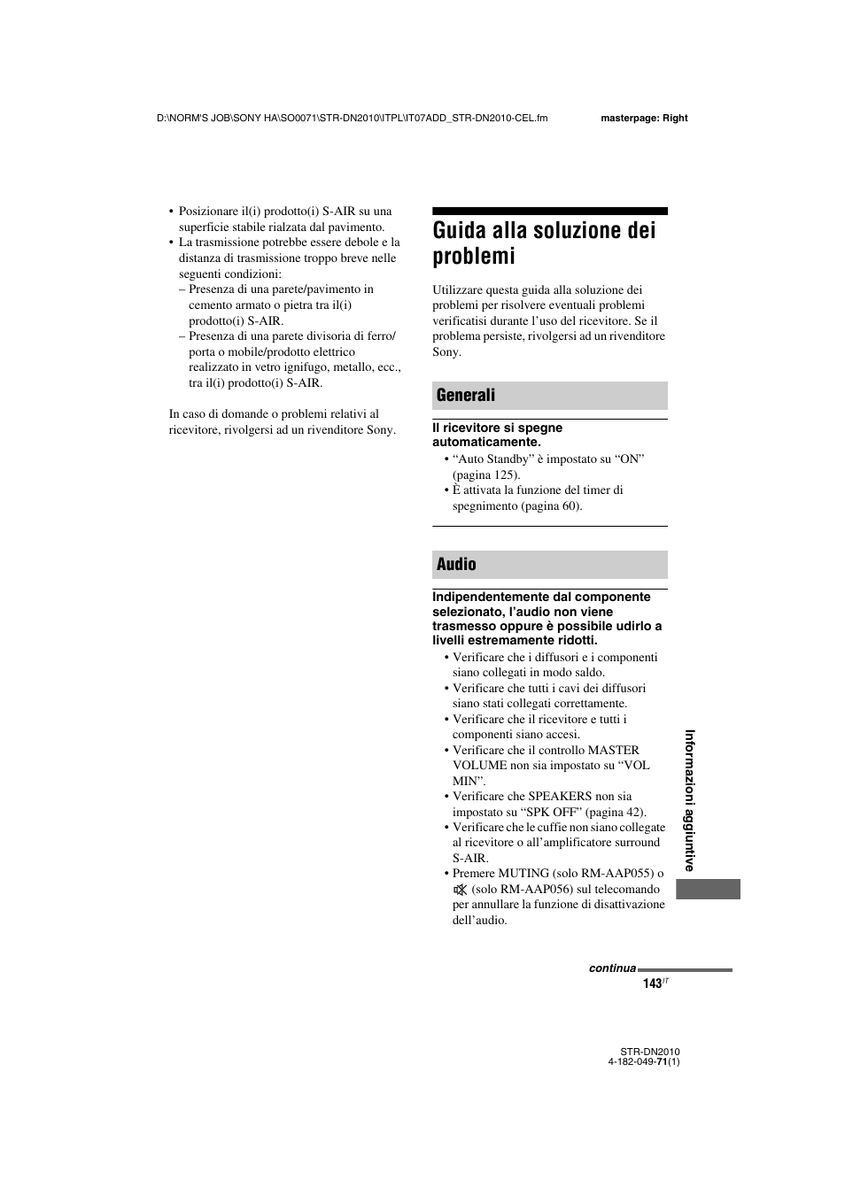 Guida alla soluzione dei problemi, Generali audio | Sony STR-DN2010 User Manual | Page 143 / 328