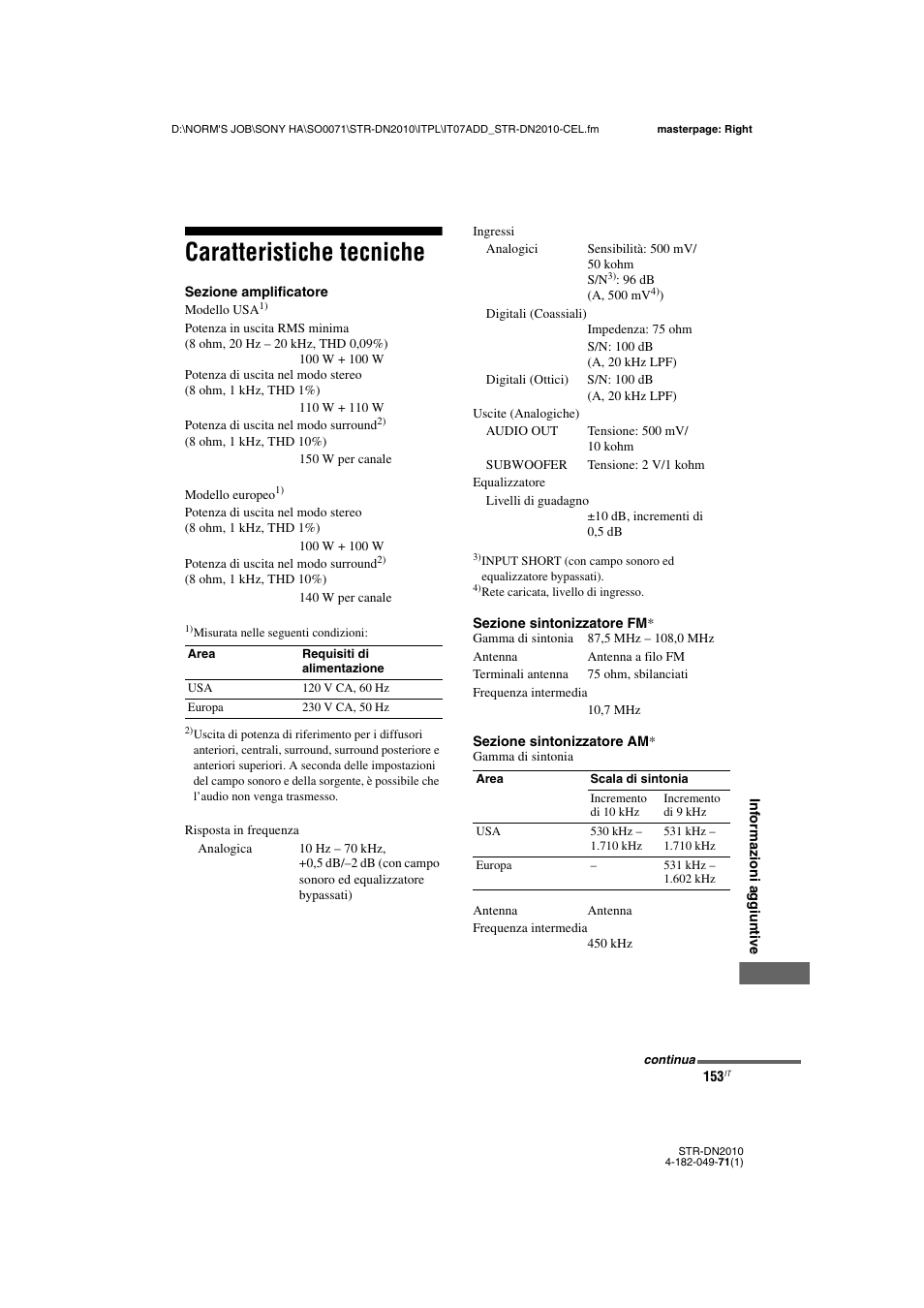 Caratteristiche tecniche | Sony STR-DN2010 User Manual | Page 153 / 328