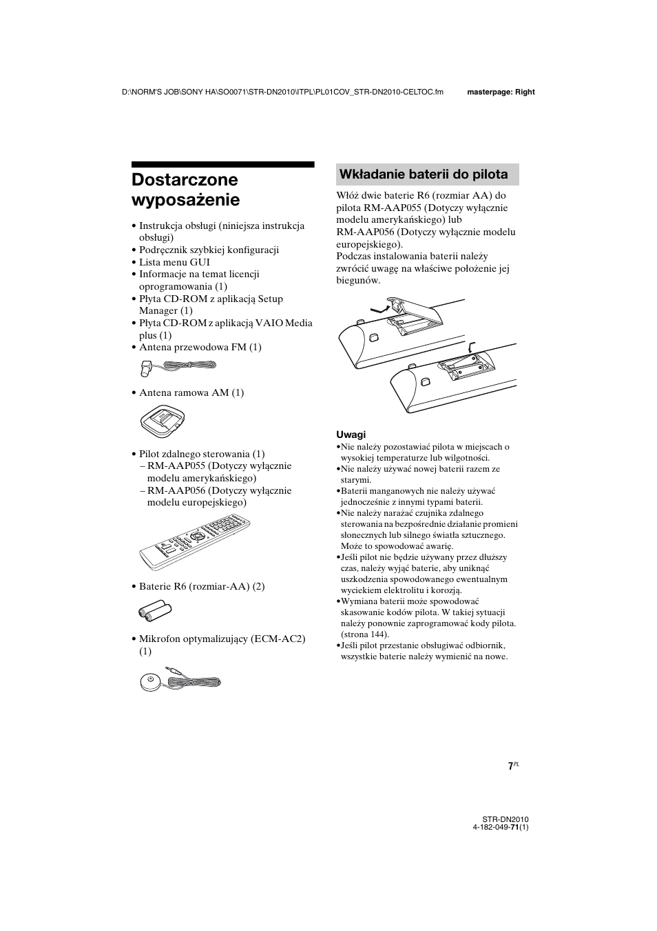 Dostarczone wyposażenie, Wkładanie baterii do pilota | Sony STR-DN2010 User Manual | Page 165 / 328