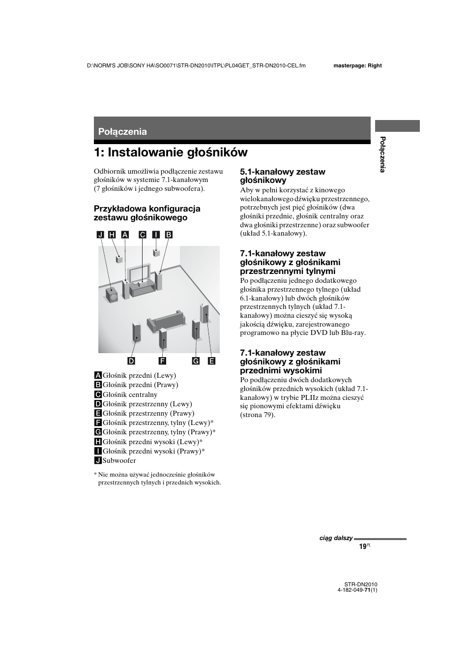 Połączenia, Instalowanie głośników | Sony STR-DN2010 User Manual | Page 177 / 328