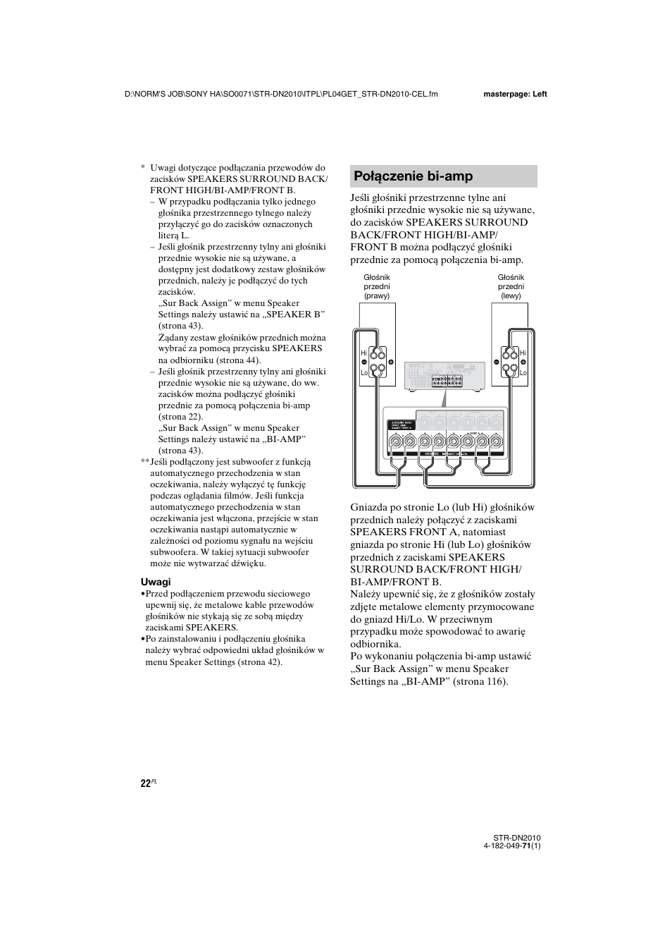 Połączenie bi-amp | Sony STR-DN2010 User Manual | Page 180 / 328