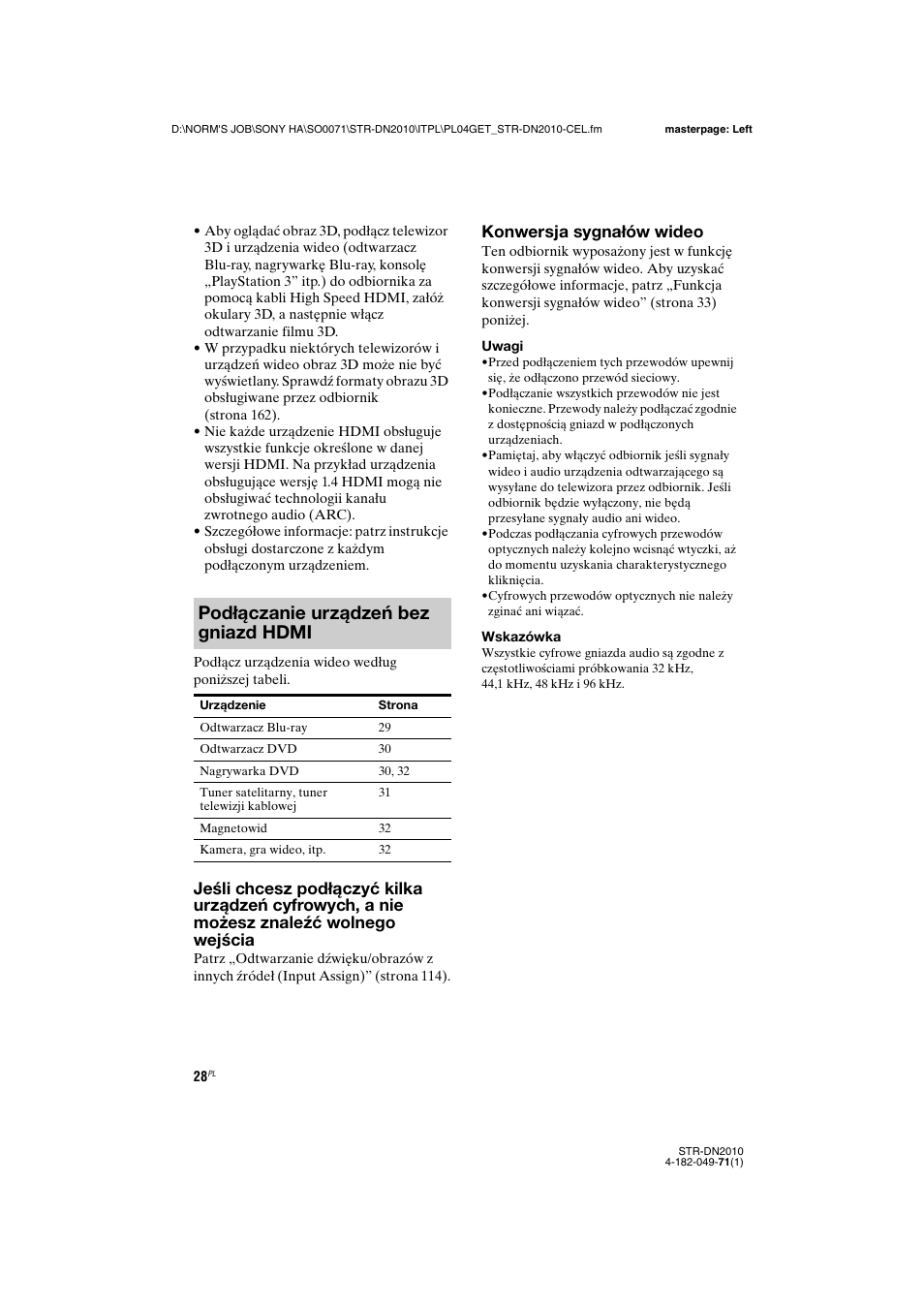 Podłączanie urządzeń bez gniazd hdmi, Konwersja sygnałów wideo | Sony STR-DN2010 User Manual | Page 186 / 328