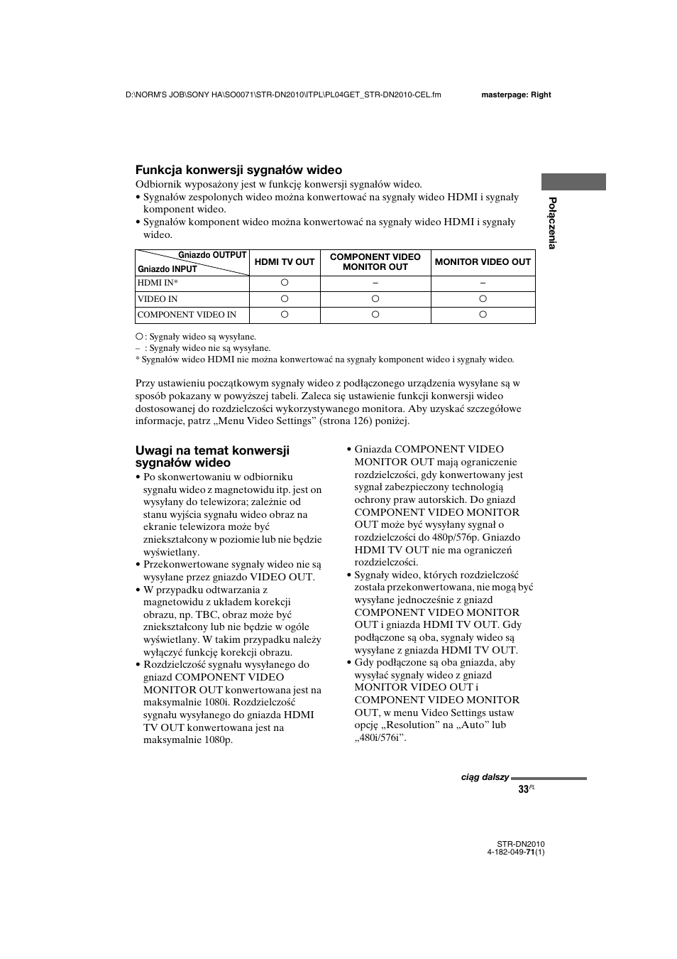 Funkcja konwersji sygnałów wideo, Uwagi na temat konwersji sygnałów wideo | Sony STR-DN2010 User Manual | Page 191 / 328