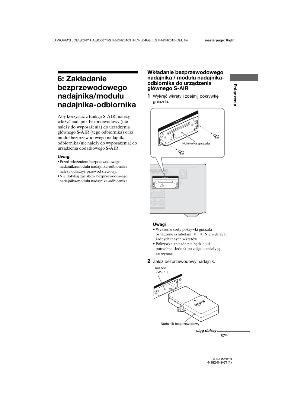 Zakładanie bezprzewodowego, Nadajnika/modułu nadajnika- odbiornika | Sony STR-DN2010 User Manual | Page 195 / 328