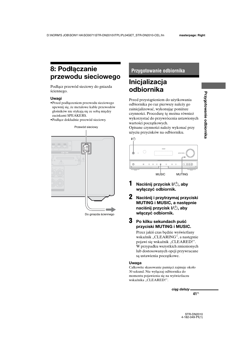 Podłączanie przewodu sieciowego, Przygotowanie odbiornika, Inicjalizacja odbiornika | Trona 41, 67 | Sony STR-DN2010 User Manual | Page 199 / 328