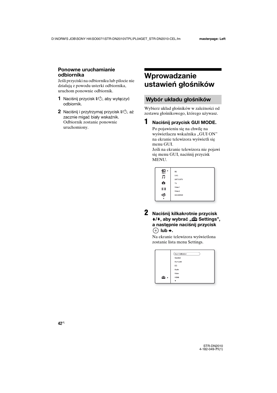 Wprowadzanie ustawieñ g¸oœników, Wprowadzanie ustawień głośników, Wybór układu głośników | Sony STR-DN2010 User Manual | Page 200 / 328