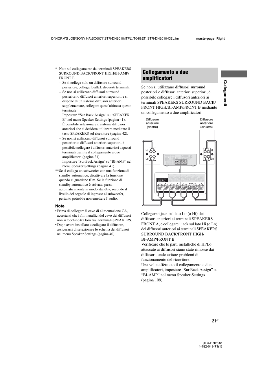 Collegamento a due amplificatori | Sony STR-DN2010 User Manual | Page 21 / 328