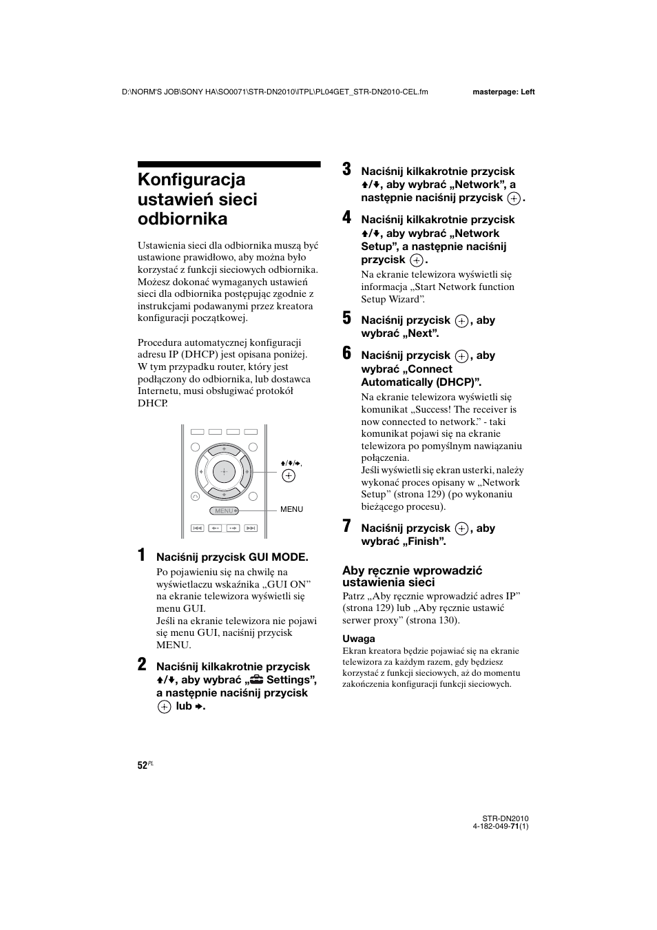 Konfiguracja ustawieñ sieci odbiornika, Konfiguracja ustawień sieci, Odbiornika | Konfiguracja ustawień sieci odbiornika | Sony STR-DN2010 User Manual | Page 210 / 328