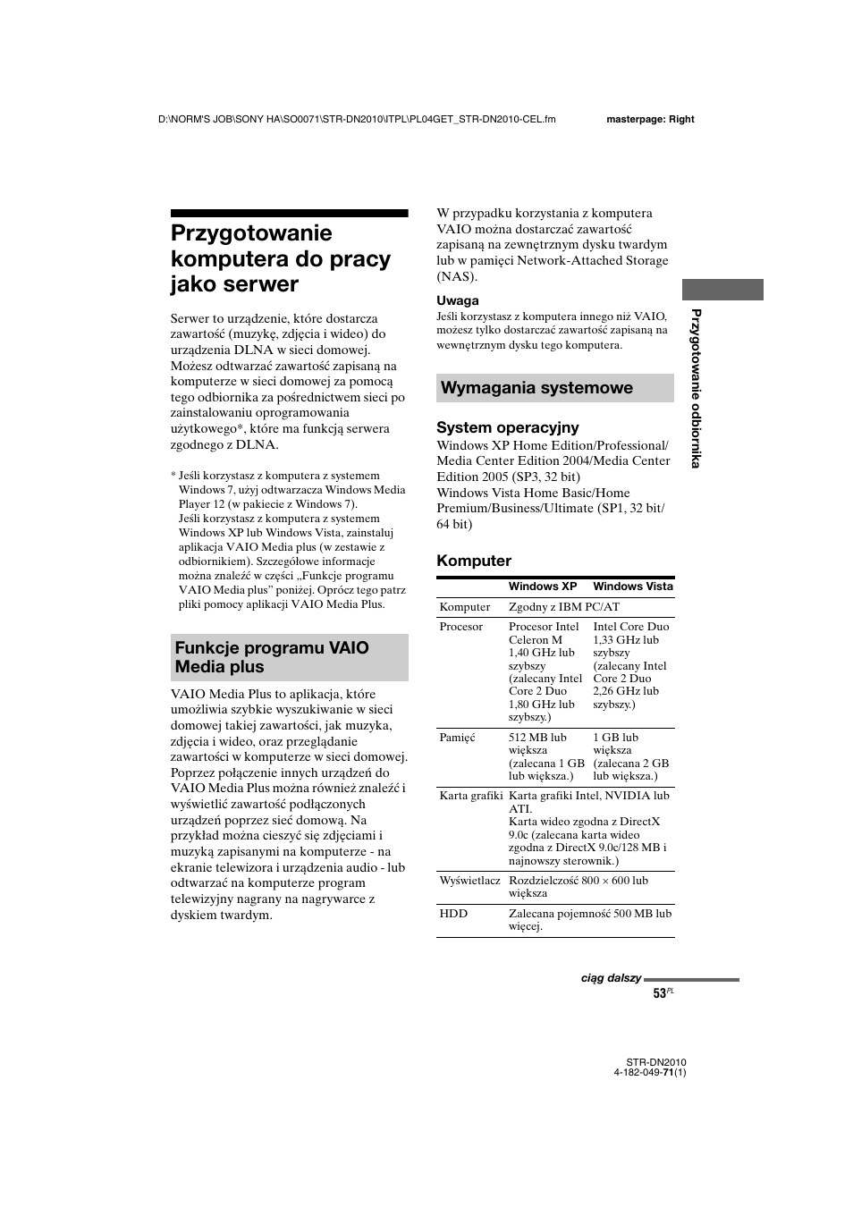 Przygotowanie komputera do pracy jako serwer, Przygotowanie komputera do pracy jako, Serwer | System operacyjny, Komputer | Sony STR-DN2010 User Manual | Page 211 / 328