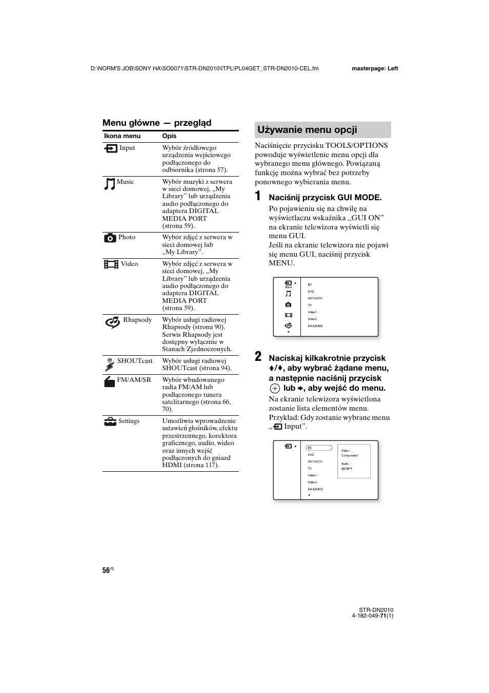 Używanie menu opcji, Menu główne — przegląd | Sony STR-DN2010 User Manual | Page 214 / 328