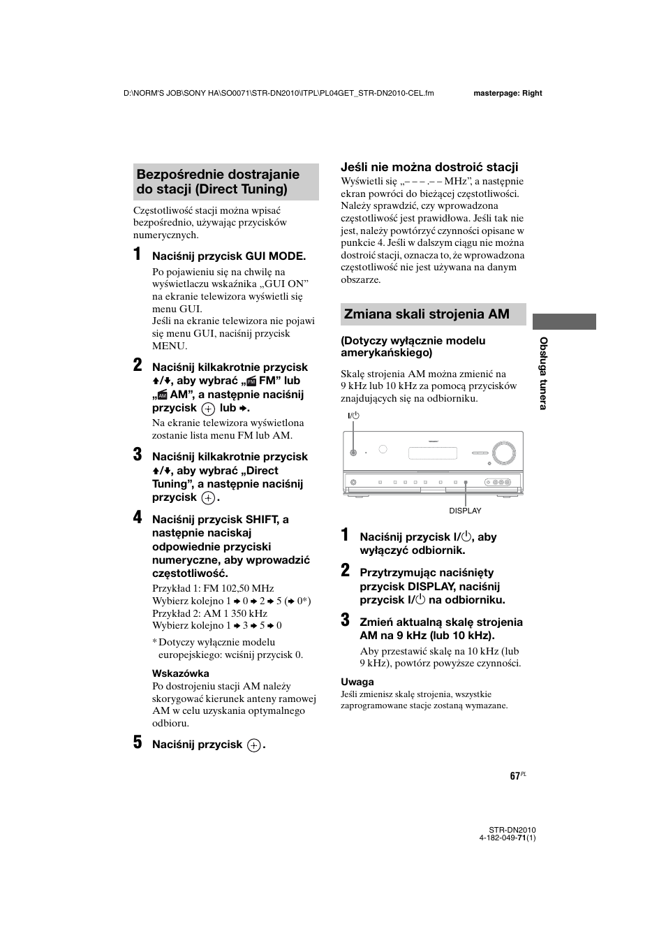 Bezpośrednie dostrajanie do stacji (direct tuning), Zmiana skali strojenia am | Sony STR-DN2010 User Manual | Page 225 / 328