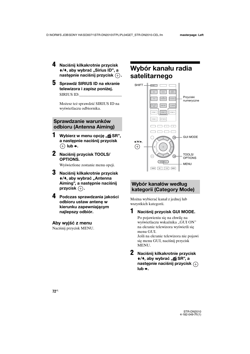 Wybór kanału radia satelitarnego, Sprawdzanie warunków odbioru (antenna aiming), Wybór kanałów według kategorii (category mode) | Sony STR-DN2010 User Manual | Page 230 / 328