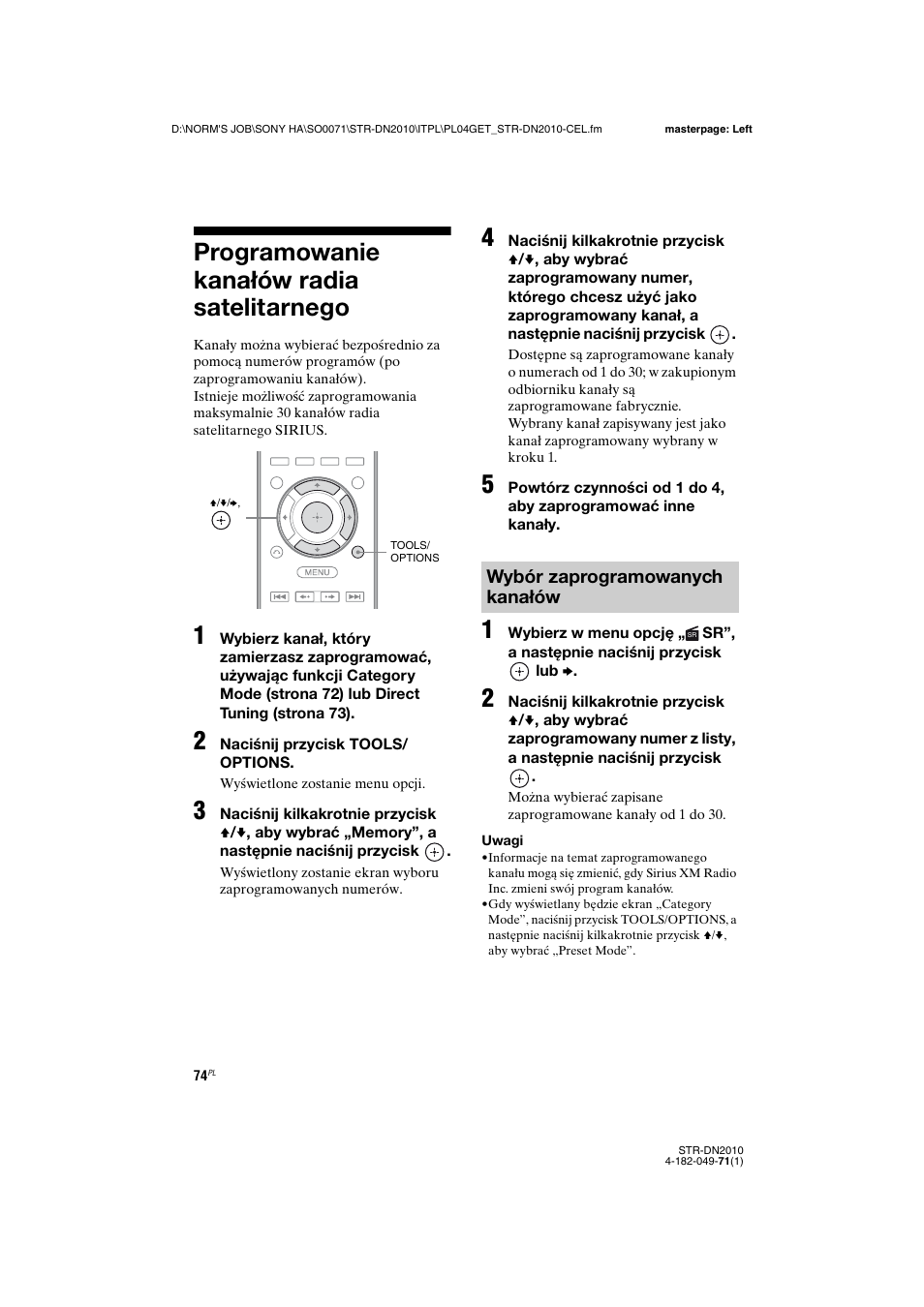 Programowanie kanałów radia satelitarnego, Programowanie kanałów radia, Satelitarnego | Wybór zaprogramowanych kanałów | Sony STR-DN2010 User Manual | Page 232 / 328