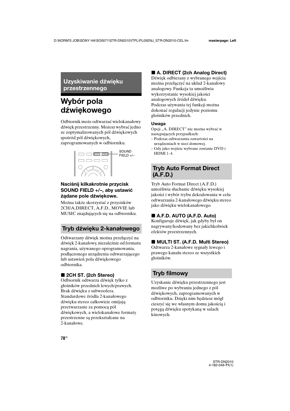 Uzyskiwanie dźwięku przestrzennego, Wybór pola dźwiękowego, Tryb auto format direct (a.f .d.) tryb filmowy | Sony STR-DN2010 User Manual | Page 236 / 328