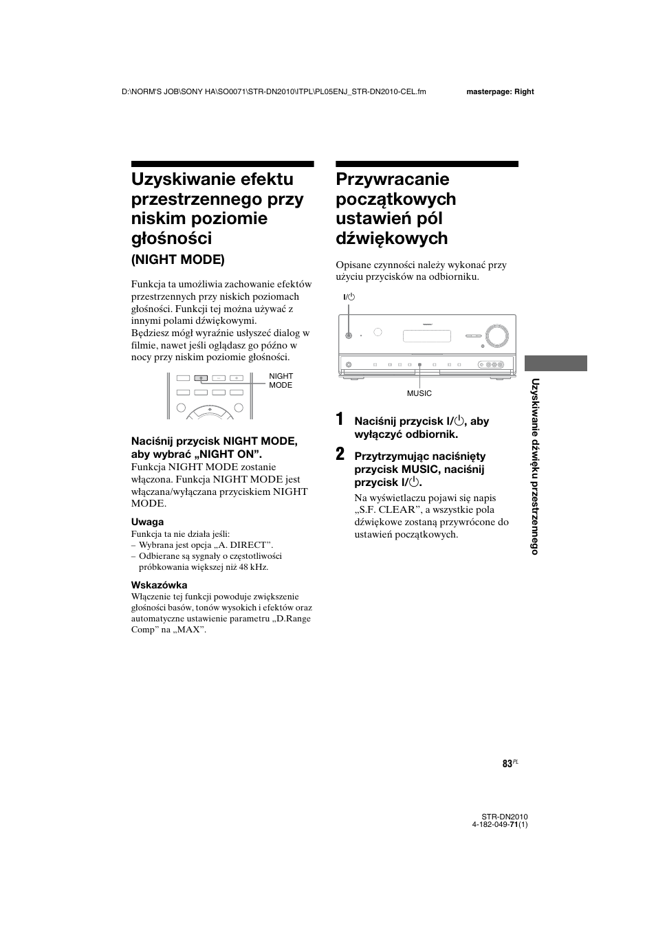 Przywracanie początkowych ustawień pól dźwiękowych, Uzyskiwanie efektu przestrzennego przy, Niskim poziomie głośności | Night mode), Przywracanie początkowych ustawień pól, Dźwiękowych | Sony STR-DN2010 User Manual | Page 241 / 328