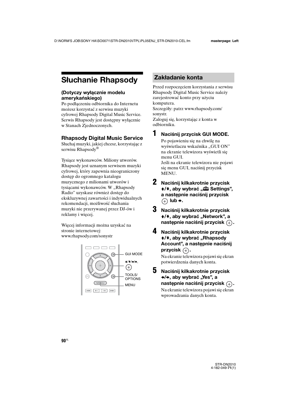 Słuchanie rhapsody, Dotyczy wyłącznie modelu amerykańskiego), Zakładanie konta | Sony STR-DN2010 User Manual | Page 248 / 328